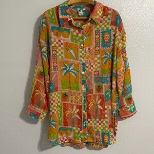 Violet Sky Tropical Patchwork Blouse Women’s 2X‎ Colorful Palm Tree Print Shirt